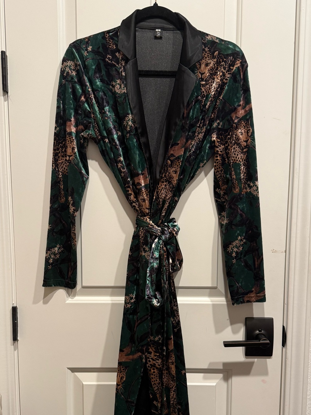 Dark Green & Brown Velvet Leopard Print Long Jacket with Satin Collar